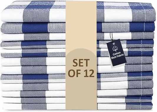 LFH Home 100% Cotton Cloth Reusable Dinner Napkins Set of 12 Washable Soft Decorative Buffalo Plaid Gingham and Checkered Table Napkins for Holidays Wedding Farmhouse Decor 18x18 Inch - Blue & White