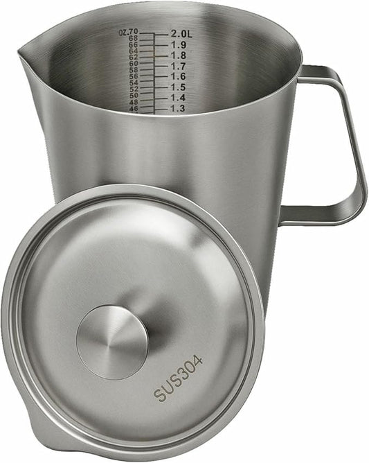 Stainless Steel Measuring Pitcher with Lid, 70 oz / 2L Large Metal Jug with Handle & Dual Scales, Wide Mouth Graduated Cup for Milk Frothing, Iced Tea, Espresso, Hot & Cold Water