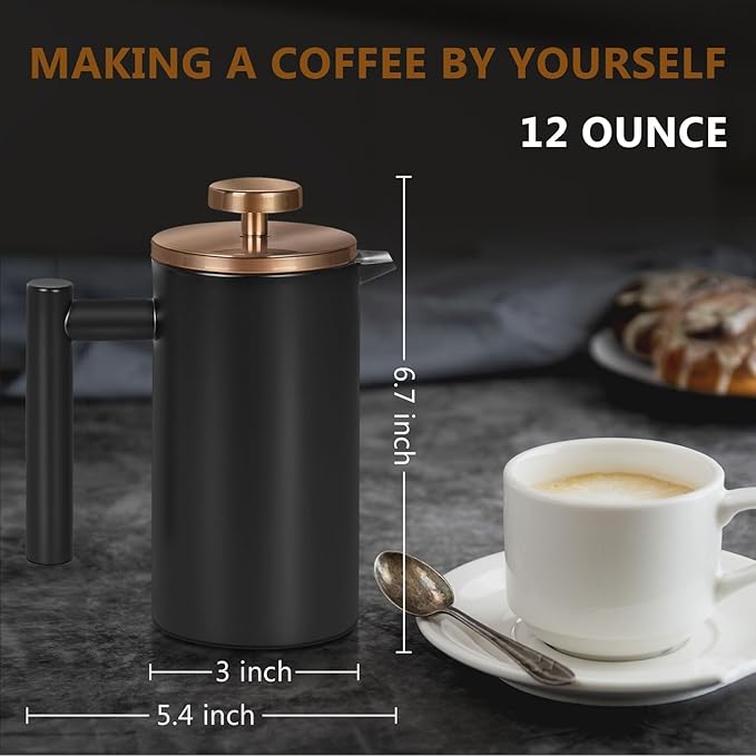 WORBIC Black Mini French Press Coffee Maker 12oz, Single Cup French Press with Rose Gold Lid, 3 Extra Filters & 1 Gold Spoon(350ml Compact Travel Size) Dishwasher Safe