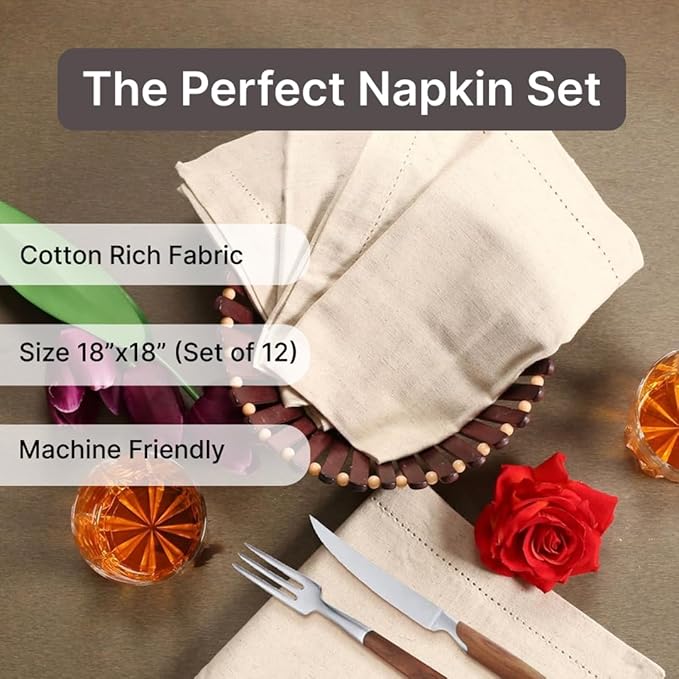 LFH Home Cloth Dinner Napkin Textured Cotton Flax Linen Hemstitched Napkin Set of 12, Machine Washable for Farmhouse, Living Room, Christmas, Family Gathering, 18x18 Inch Natural