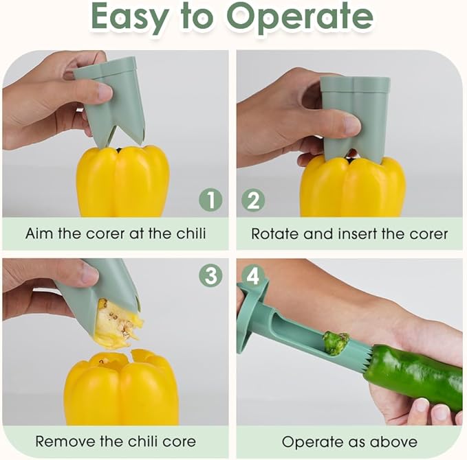 2 in 1 Pepper Seed Corer Remover, Fruit Pepper Corer, Bell Peppers Corers, Quick Cut, Fruit and Vegetable Seed Remover, Kitchen Vegetable, Zucchini Tomato (Green 2PCS)
