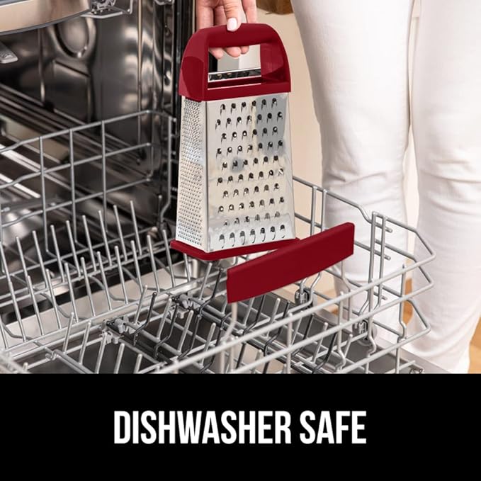 GORILLA GRIP 4-Sided Stainless Steel Cheese Grater With Container, 100% BPA-Free Box Grater, Slip Resistant Base and Handle, Grate Parmesan, Hard Cheeses, Shred Vegetables, Dishwasher Safe, Red