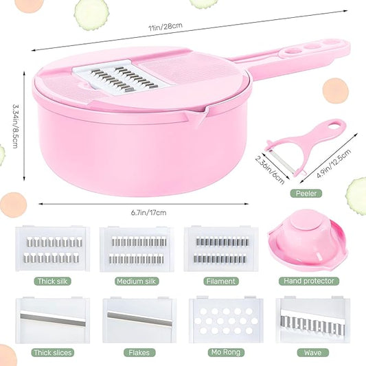Mandoline Food Slicer, Multifunctional Vegetable Slicer Cutter with Hand Protector, Vegetable Shredder for Potato, Tomato, Carrot (Pink-7 in 1)
