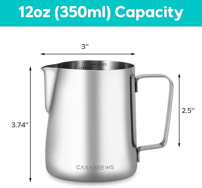 CASABREWS CASMP350 Milk Frothing Pitcher, Stainless Steel Steaming Pitcher with Sharp Spout, 350ml (12oz) Milk Frother Cup for Cappuccino or Latte Art, Espresso Machine Accessories for Barista