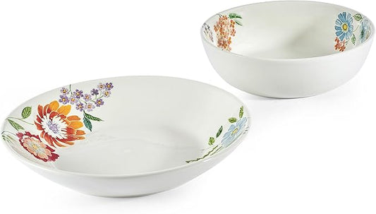 Fitz and Floyd Meadow Floral Set of 2 Serving Bowls, 10.5 inch, 8.5 Inch