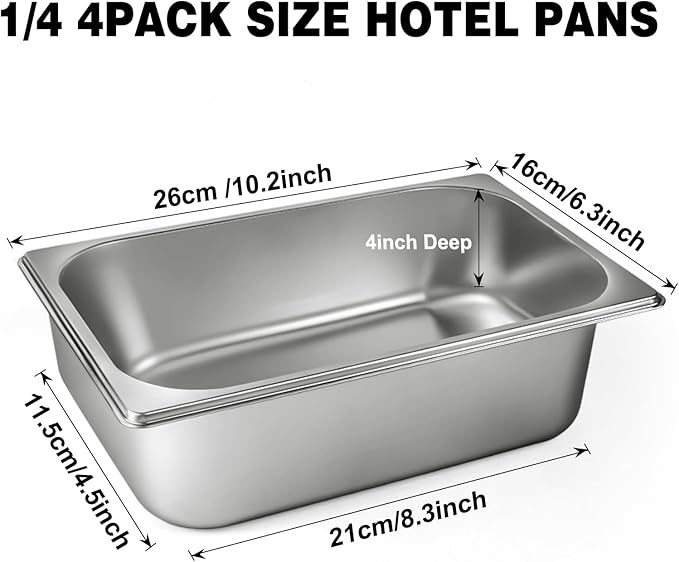 West Bay 4 Pack 1/4 Size Hotel Pan with Lids, 4'' Deep Steam Table Pan with Lid, 10.2''L x 6.3''W Stainless Steel Pans for Home, Party, Hotel, Buffet