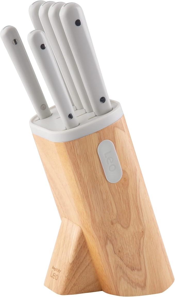 BergHOFF Spirit 7Pc Knife Block Set, Kitchen Knives, Wood Block, Stainless Steel Sharp Blade, Anti-skid Base, Strong Magnet for Scissors