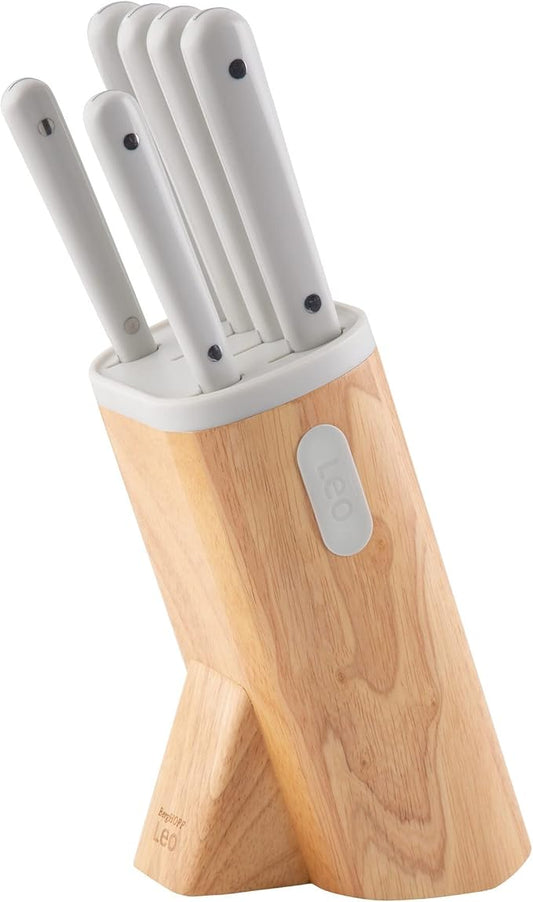BergHOFF Spirit 7Pc Knife Block Set, Kitchen Knives, Wood Block, Stainless Steel Sharp Blade, Anti-skid Base, Strong Magnet for Scissors