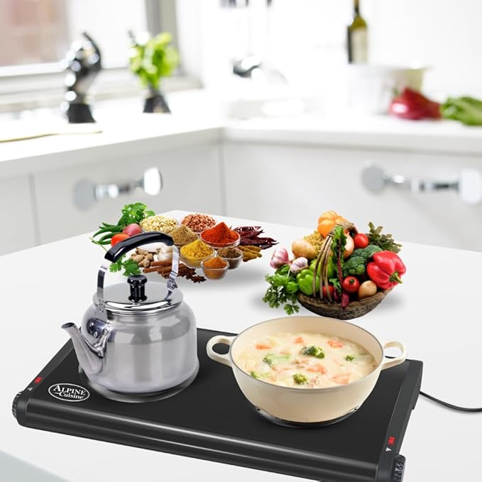 ALPINE CUISINE Electric Double Burner, 1500W, Dual Plate Portable Hot Plate for Indoor Cooking, Adjustable Temperature Control, Compact Design, 120V, Ideal for Home, Dorm, RV, or Travel Use