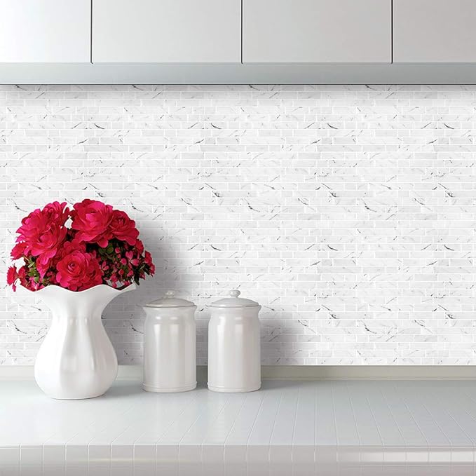 STICKGOO 10-Sheet White Marble Look Peel & Stick Backsplash, 12”X12” Stick on Wall Tiles for Kitchen Backspalsh (Thicker Design)