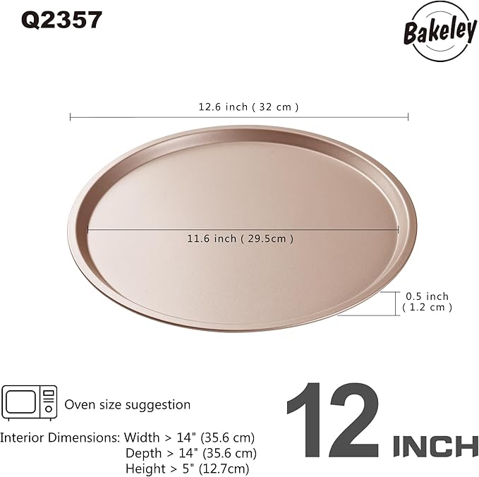 Bakeley 12-inch Pizza Pan, Heavy Duty Carbon Steel, Non-Stick, Pancake Bakeware for Oven Baking (Champagne Gold)