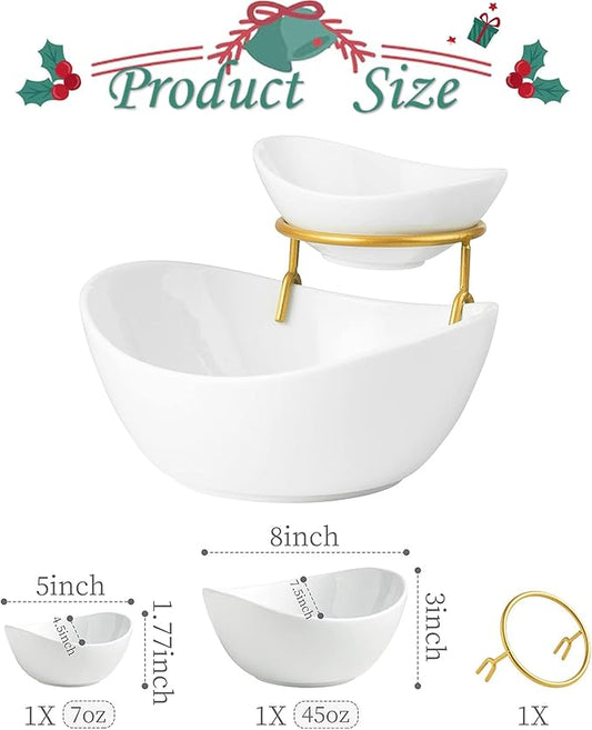 Porcelain Serving Bowl Set for Appetizer Serving Dishes Set with 2 Compartment, Chip and Dip Taco Rack Display Salad Bar Serving Set, Gold Stand