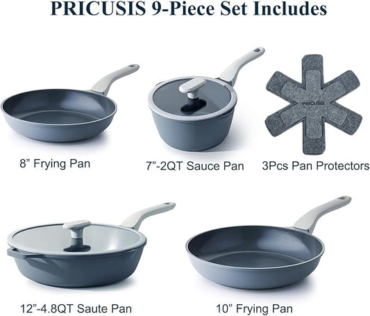 PRICUSIS Ceramic Nonstick Pots and Pans Set, 9 Pieces Non Toxic Induction Cookware Set, PTFE PFOA & PFAS Free, Dishwasher Safe, Stay Cool Handle, Gray