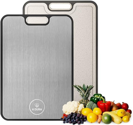 Titanium Cutting Board Double-Sided – Pure Titanium Surface Wheat Straw PP, Non-Slip Bas Juice Groove & Garlic Grinding Zone – Ultra Hygienic Chopping Board for Meat Vegetables & Fruits Easy to Clean