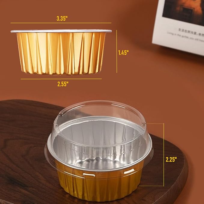 Lewarm Disposable Muffin Pans with Lids, 5 oz Mini Cake Pans for Cupcake, Multi-purpose Aluminum Foil Baking Cup, Premium Dessert Cups, Creme Brulee Ramekins Oven Safe, 60 Pack