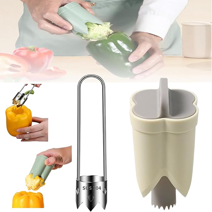 2 in 1 Pepper Seed Corer and Remover, Quickly Cutting and Deseeding Bell Pepper Tool for Kitchen (Silver+Beige, 2Pcs)