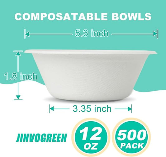 500 Count 12 oz Paper Bowls, Disposable Compostable Bowls Bulk, Heavy Duty Biodegradable Bagasse Bowl for Snacks, Soup, and Salads, White