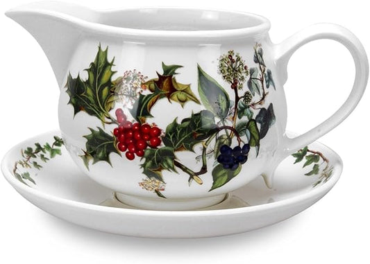 Portmeirion The Holly and The Ivy Gravy Boat & Stand - 33 Oz. Capacity | Elegant Earthenware Holiday Pitcher with Holly Décor | Easy Pouring Beaker, Chip-Resistant Finish | Microwave & Dishwasher Safe