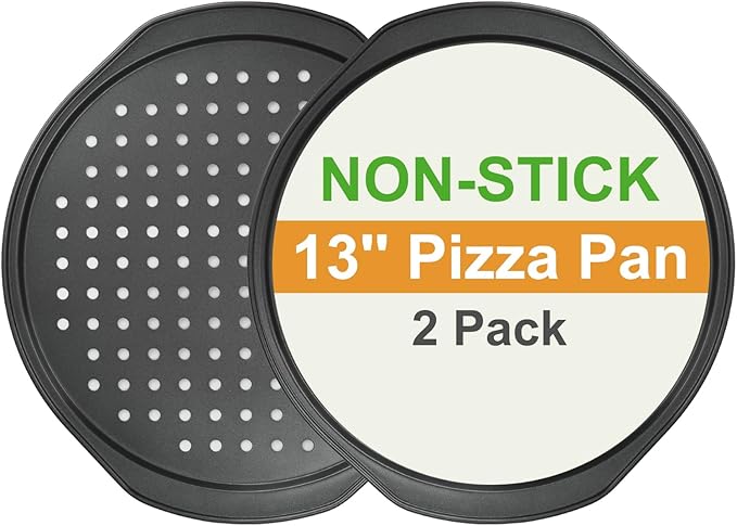 BSDLZCH 13 Inch Pizza Pan for Oven, 2 Pack Round Pizza Pan with Holes Non-sticking Carbon Steel Pizza Tray with Handles Pizza Baking Pan for Cooking and Grilling Oven Safe