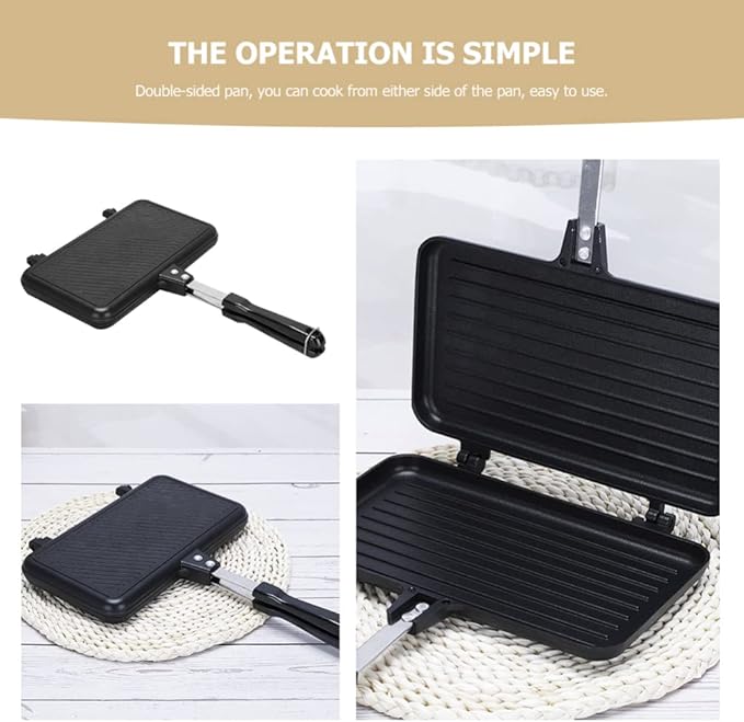 Hemoton Double-Sided Nonstick Sandwich Baking Pan 14 Inch Aluminum Grill Pan for Stovetop Cooking Breakfast Omelette Toast and More