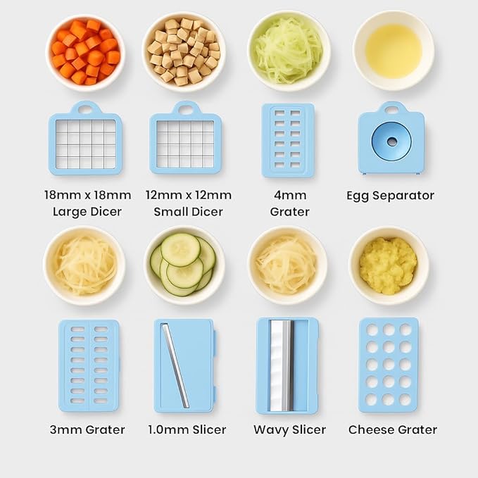 16 in 1 Vegetable Chopper, Mandoline Slicer and Food Processor - Kitchen Essentials for Effortless Food Prep - Includes Salad Spinner, Cheese Grater, Onion Chopper, French Fry Cutter (Sky Blue)