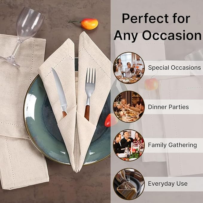 LFH Home Cloth Dinner Napkin Textured Cotton Flax Linen Hemstitched Napkin Set of 12, Machine Washable for Farmhouse, Living Room, Christmas, Family Gathering, 18x18 Inch Natural