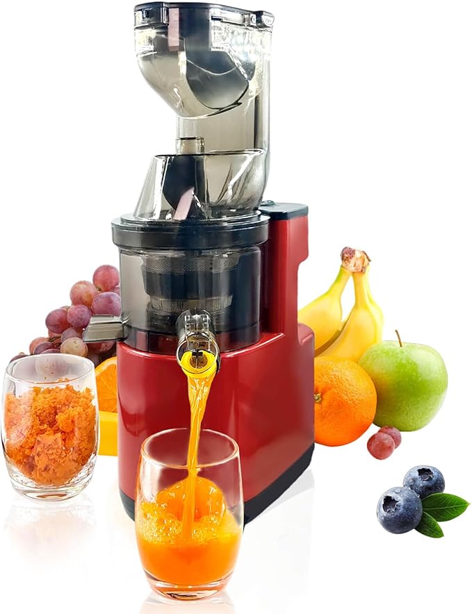 Cold Press Juicer Machines Slow Masticating High yield Pulp separation Can make fruit ice cream Multi-Functional for Home Commercial Use Wide Feed Chute (red)