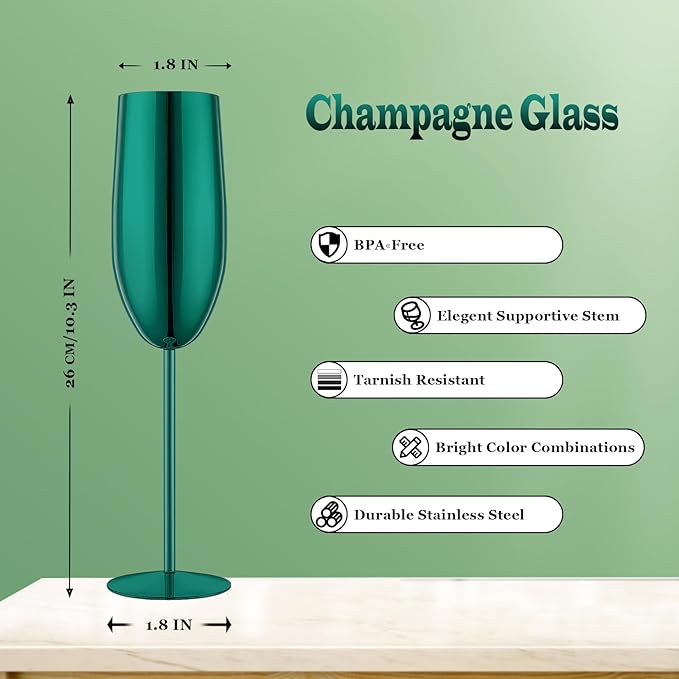 Stainless Steel Champagne Flutes Set of 4-Wedding &Birthday Gifts,8.5 Oz Unbreakable Champagne Glass with Long Stem,Reusable Indoor Outdoor Drinkware (Green)