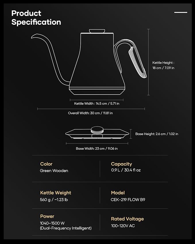 Cocinare FLOW B9 Gooseneck Electric Kettle, Precise Temperature Control for Pour-Over Coffee & Tea Brewing, Stainless Steel Interior, Rapid Heating for Boiling Water 0.9L (Delacroix Green)