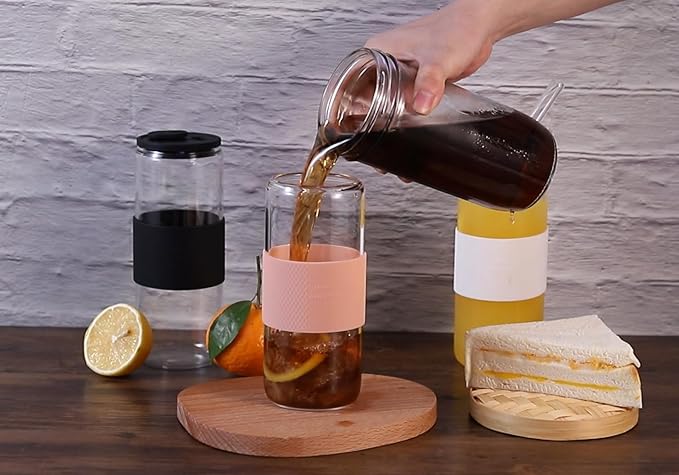 20oz Can Shaped Glass Cups with Silicone Lids and Glass Straws, 2PCS Drinking Glasses with Lids and Straws, and Silicone Sleeves, Beer Glasses, Iced Coffee Cups, Soda, Gift - Black
