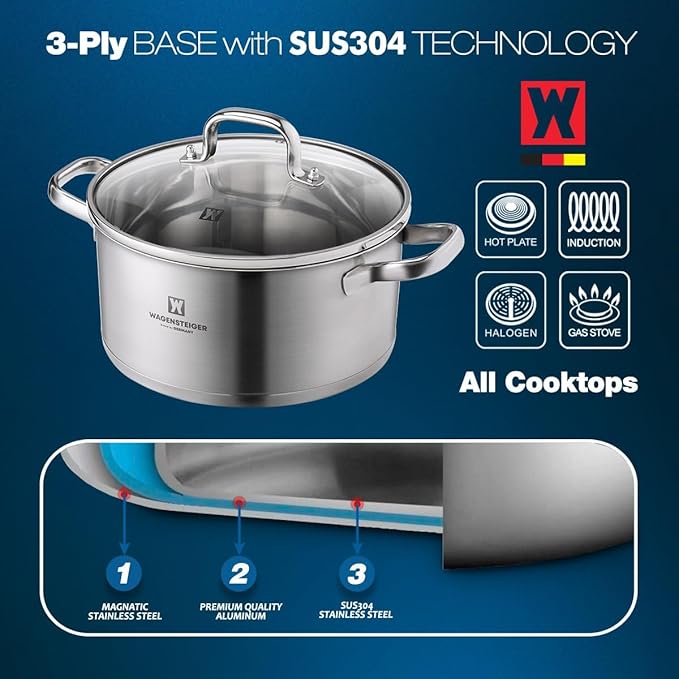 WAGENSTEIGER 3.78-Quart Stainless Steel Stock Pot with Tempered Glass Lid, 3-Ply Construction, Ergonomic Handles, Compatible with All Cooktops, BPA Free (8.46" Diameter)