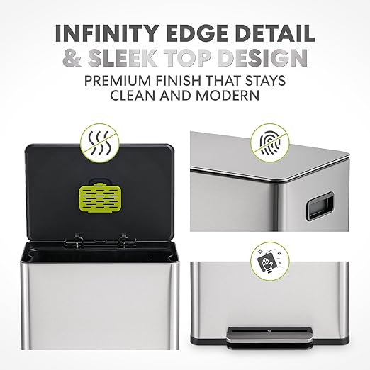 Simpli-Magic Infinity Edge 60 Liter / 16 Gallon Rectangular Hands-Free Extra Large Kitchen Step Trash Can, Soft-Close Single Lid Recycling Bin, Stainless Steel, Silver, 79678
