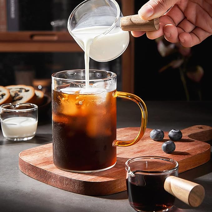Mwellewm Single Spout Espresso Coffee Shot Glass with Wood Handle Measuring Cup Triple Pitcher Milk Cup Coffee Replacement Carafe for Barista Coffee Carafe Milk Espresso Making, 75 ml (1 Piece)