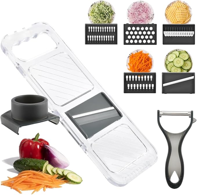 Mandoline Slicer for Kitchen, 6-in-1 Vegetable Chopper with Safe Hand Guard Easy-Clean Design & Compact Storage for Salad Prep, Chips, Fruits & Daily Cooking(COLOR:grey)