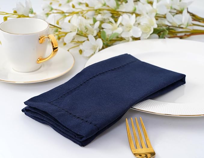 Blue Needles Navy Blue Hemstitch Linen Napkins Set of 12-100% Cotton Cloth Dinner Napkins 18x18 inches, Soft, Reusable, Absorbent, Washable Ideal for Wedding Events, Parties & Everyday Use