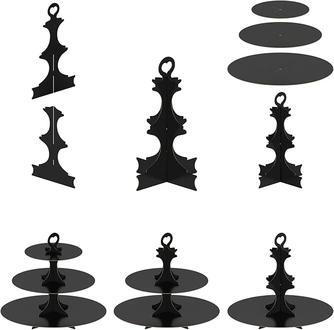 BLISSUR Cupcake Stand Tower, 3 Pack, Black, 3 Tiered, Cup Cake Stand Cardboard Dessert Holder for Parties (Black, Small, 3 Pack)