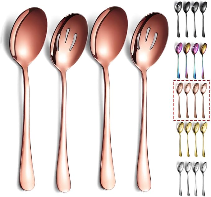 Rose Gold Serving Spoons 4 Pieces, Kyraton Titanium Plating Serving Spoon, Include 2 Serving Spoon And 2 Slotted Spoons, Stainless Steel Serving Utensils, Serving Set Packing of 4