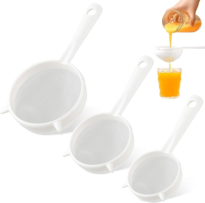 3 Pcs Plastic Mesh Strainer Set Colander with Handle - 3 Sizes Double Ear Food Mesh Strainer with Handle - Flour Sifter Colander - Kitchen Strainer for Baking, Tea, Juice, Pasta