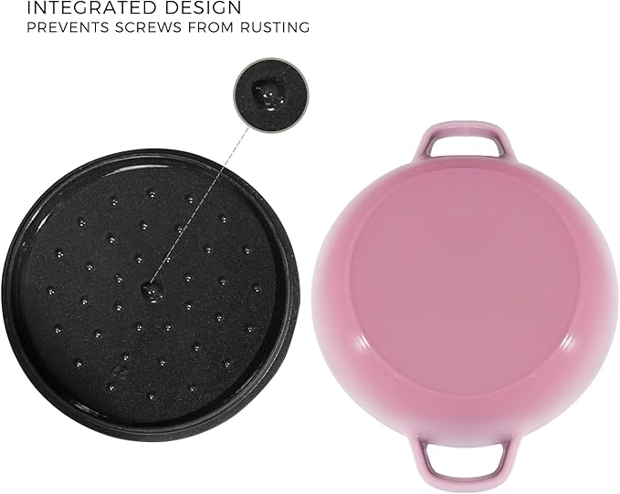 Flavehc Braiser Enameled Cast Iron 3 qt Braiser Pan with Lid Pink Shallow Cast Iron Casserole with Handels