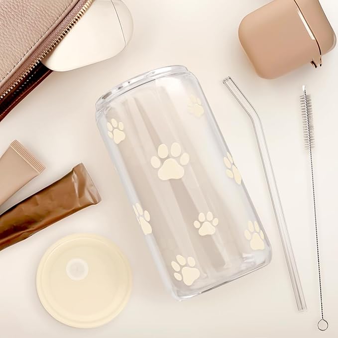 SANDJEST Paw Print 16oz Can Glass Tumbler with Acrylic Lid & Straw - Iced Coffee Cup for Women Cat Dog Mom, Aesthetic Cups Gifts for Birthday Christmas