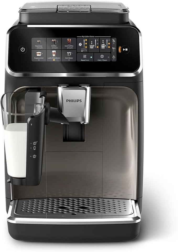 PHILIPS 3300 Series Fully Automatic Espresso Machine - LatteGo Milk System, 5 Coffee Varieties, Intuitive Touch Display, SilentBrew, 100% Ceramic Grinder, AquaClean Filter, Glossy Black (EP3347/90)