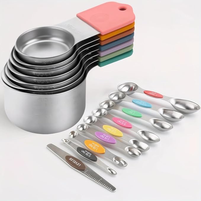 Magnetic Measuring Cups and Spoons Set 16Pcs, 304 Stainless Steel with Multicolor Silicone Handles, 7 Cups + 8 Spoons + 1 Leveler for Baking and Cooking