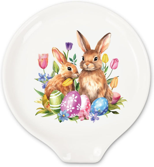 JarThenaAMCS 4.7inch Easter Bunny Spoon Rest Watercolor Rabbit Egg Tulip Flowers Small Coffee Spoon Holder for Spring Coffee Stirrers Teaspoon Bar Coffee Station