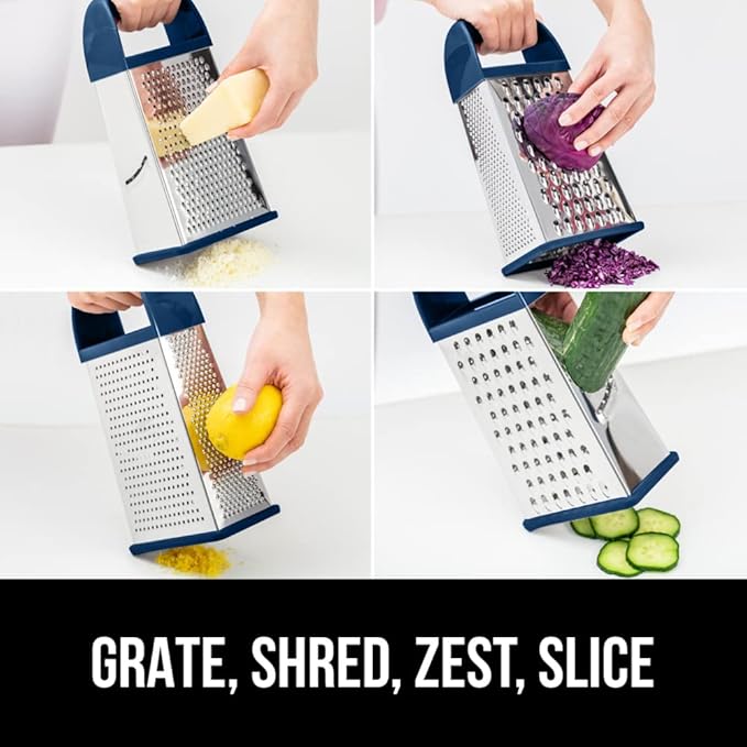GORILLA GRIP 4-Sided Stainless Steel Cheese Grater With Container, 100% BPA-Free Box Grater, Slip Resistant Base and Handle, Grate Parmesan, Hard Cheeses, Shred Vegetables, Dishwasher Safe, Blue