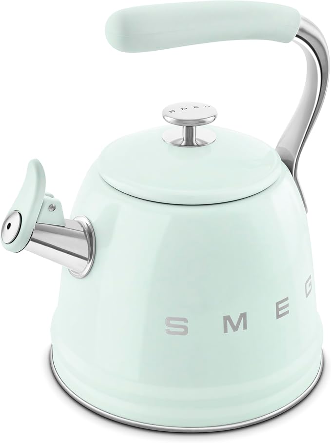 SMEG Stovetop Whistling Kettle – 50s Retro Style, 2.3 Liter (10 Cup / 2.4 Quart) Stainless Steel Tea Kettle with Iconic Design & Whistle – Premium Kitchen Statement Piece-Pastel Green
