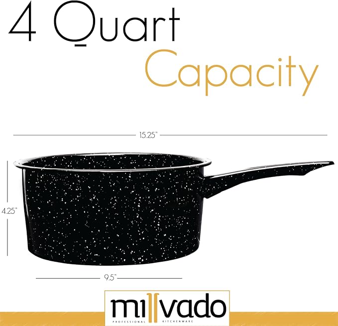Millvado 4 Quart Granite Saucepan, Naturally Nonstick Sauce Pots, Speckled Enamel Ware Cookware, Small Sauce Pan for Cooking and Boiling - Granite Cooking Pot for Stovetop, Campfire, Outdoor Stove