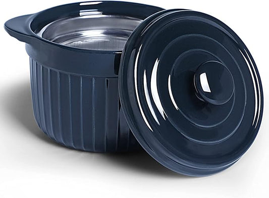 ONTUBE Ceramic Bacon Grease Container Keeper with Strainer, Frying Oil Storage Can, Navy