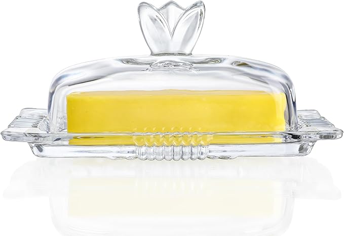 7'' Glass Butter Dish with Lid - Elegant Countertop Butter Container Holds,Clear Butter Keeper for Home Kitchen Decor,Dishwasher Safe