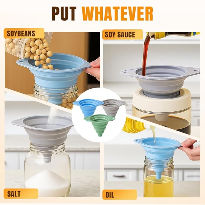 Kitchen Funnel Set 3 Pack, 2025 New Funnels for Kitchen Use Filling Bottles, Silicone Collapsible Funnel, Small Funnels for Filling Small Bottles, for Water Bottle Liquid Transfer (6PCS)