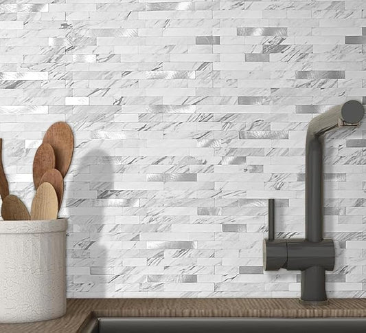 DICOFUN 10 Sheets Marble Look Peel and Stick Backsplash Wall Tile, PVC Kitchen Backsplash Peel and Stick in White, 9.4 sq.ft